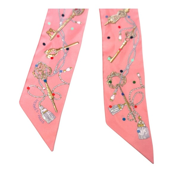 New Hermes Twilly Scarf Les Cles a Pois Rose Beige Multicolor 100% Silk - Picture 3 of 16